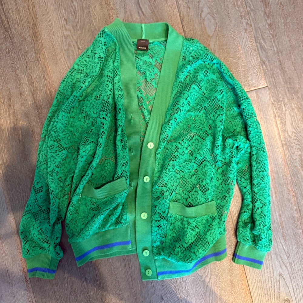 Pinko Green Lace Button-Front Cardigan with Blue Stripe Trim